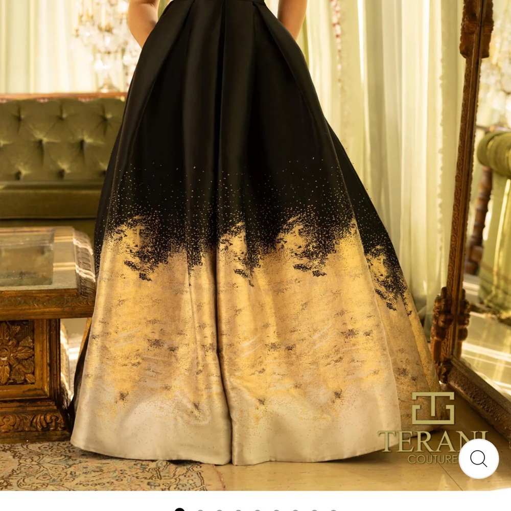 Terani Couture One Shoulder Black and Gold Dress